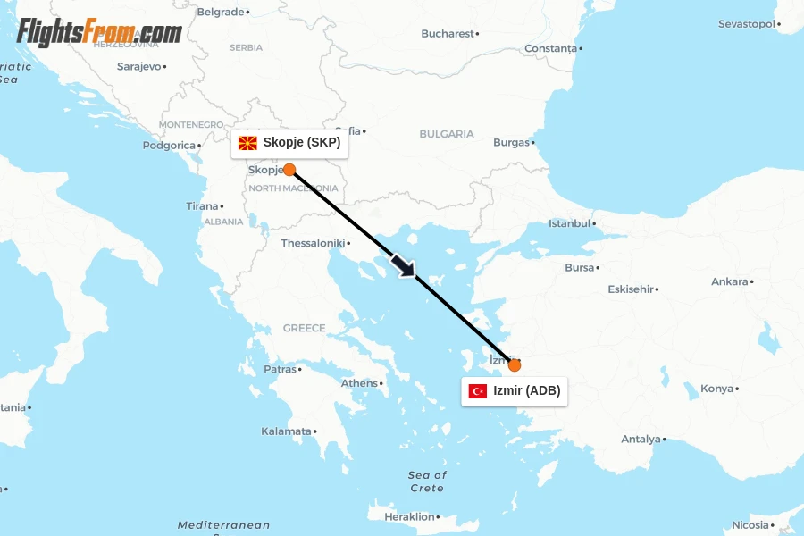 Flights from Skopje to Izmir route map