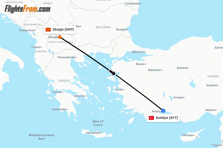 Flights from Skopje to Antalya route map