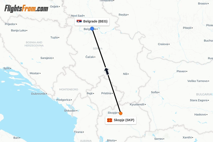 Flights from Skopje to Belgrade route map
