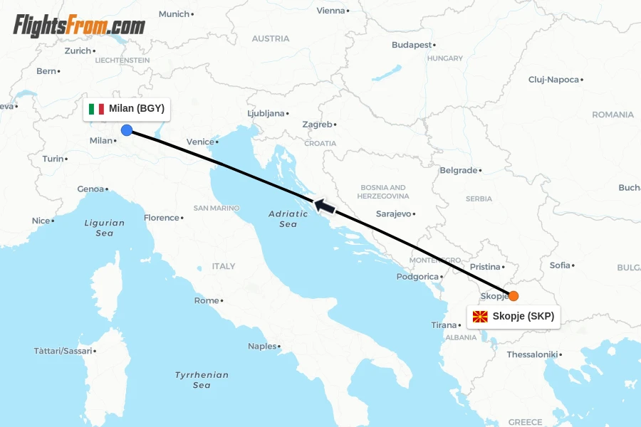 Flights from Skopje to Milan route map