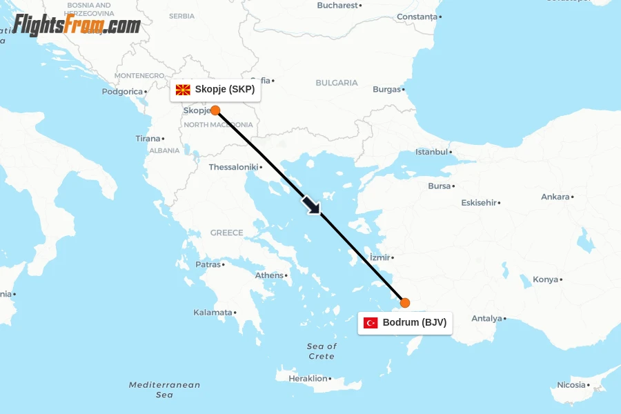 Flights from Skopje to Bodrum route map
