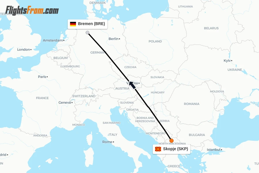 Flights from Skopje to Bremen route map