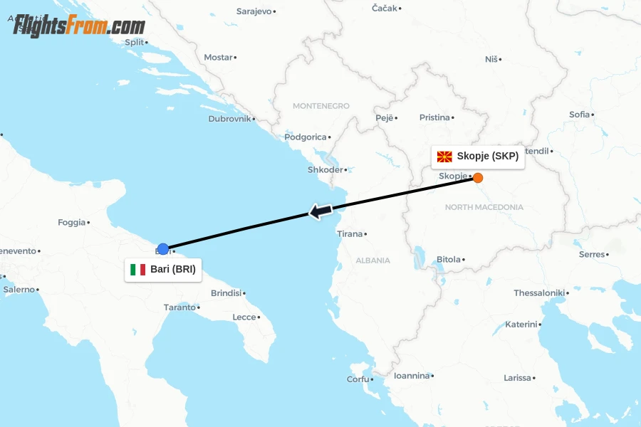 Flights from Skopje to Bari route map
