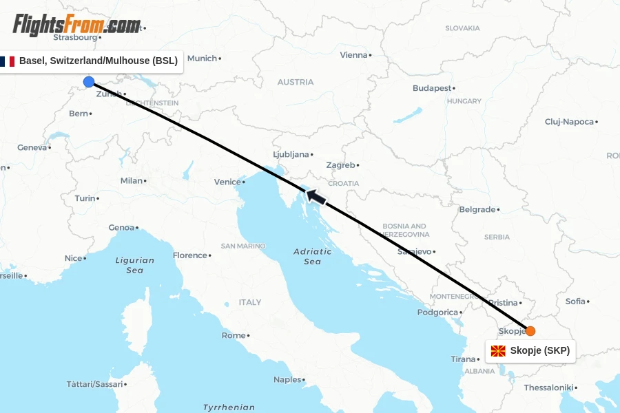 Flights from Skopje to Basel, Switzerland/Mulhouse route map