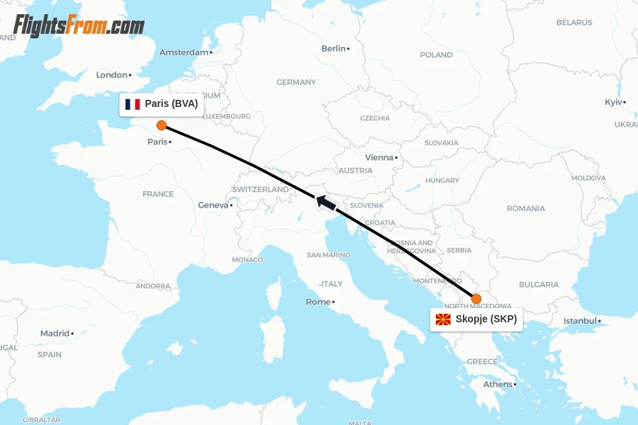 Flights from Skopje to Paris route map