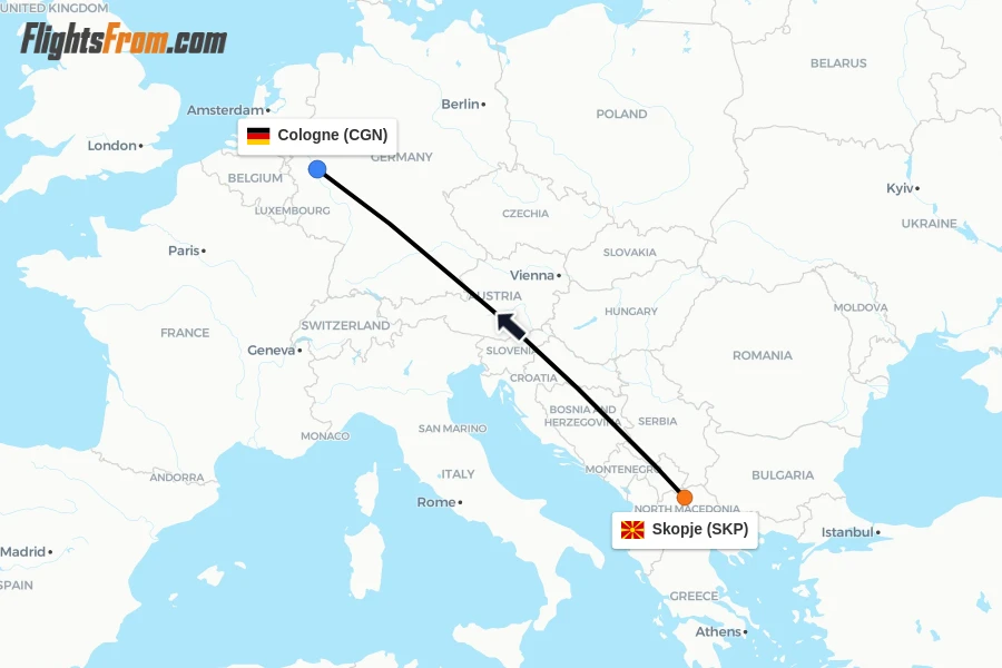 Flights from Skopje to Cologne route map