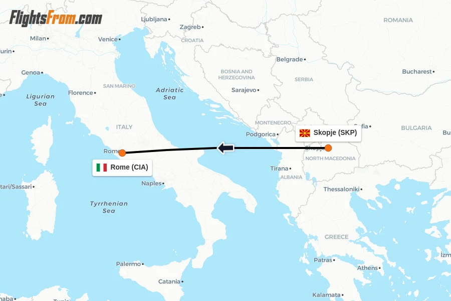 Flights from Skopje to Rome route map