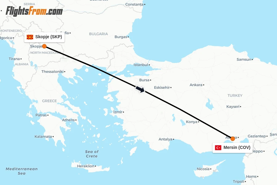 Flights from Skopje to Mersin route map