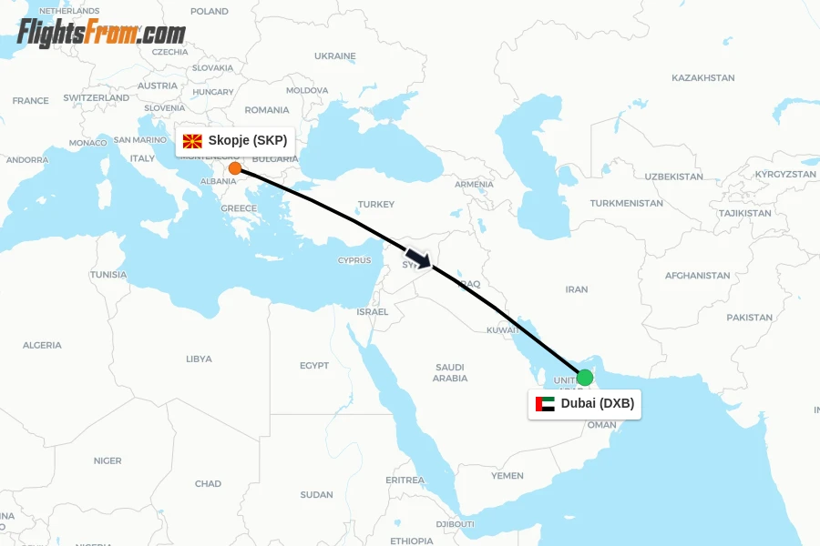 Flights from Skopje to Dubai route map