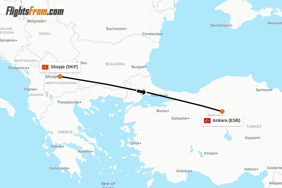 Flights from Skopje to Ankara route map