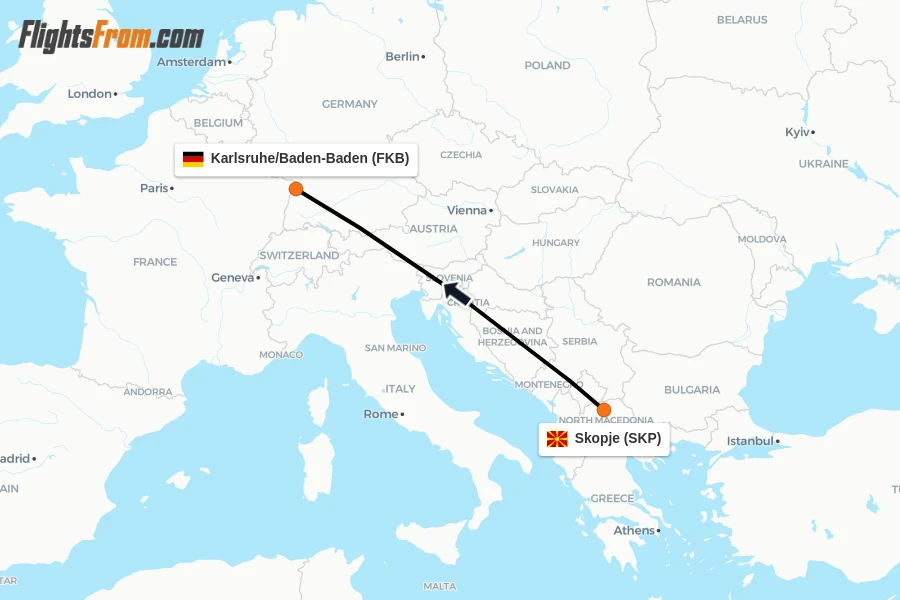 Flights from Skopje to Karlsruhe/Baden-Baden route map