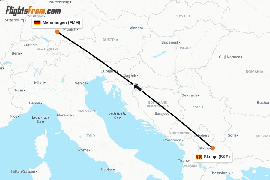 Flights from Skopje to Memmingen route map