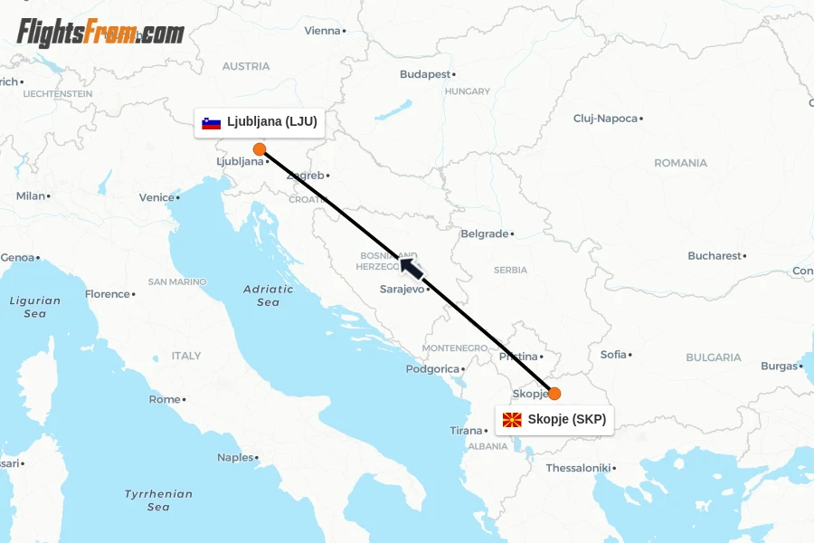 Flights from Skopje to Ljubljana route map