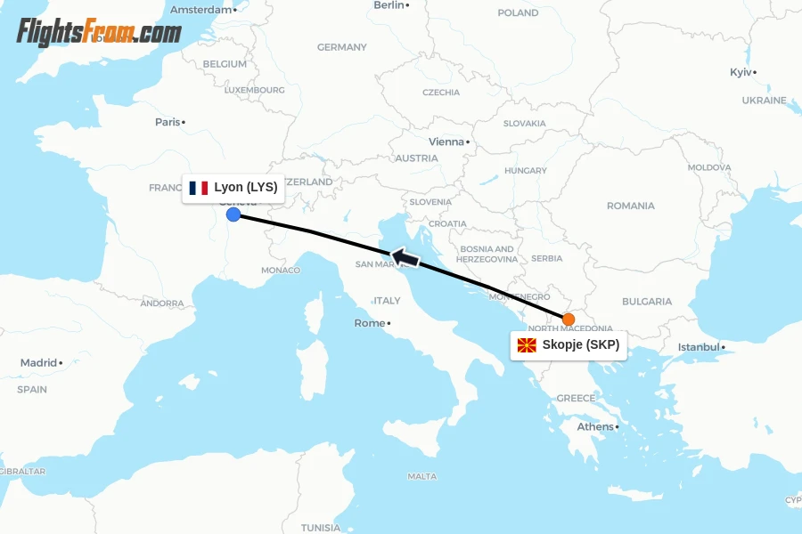 Flights from Skopje to Lyon route map