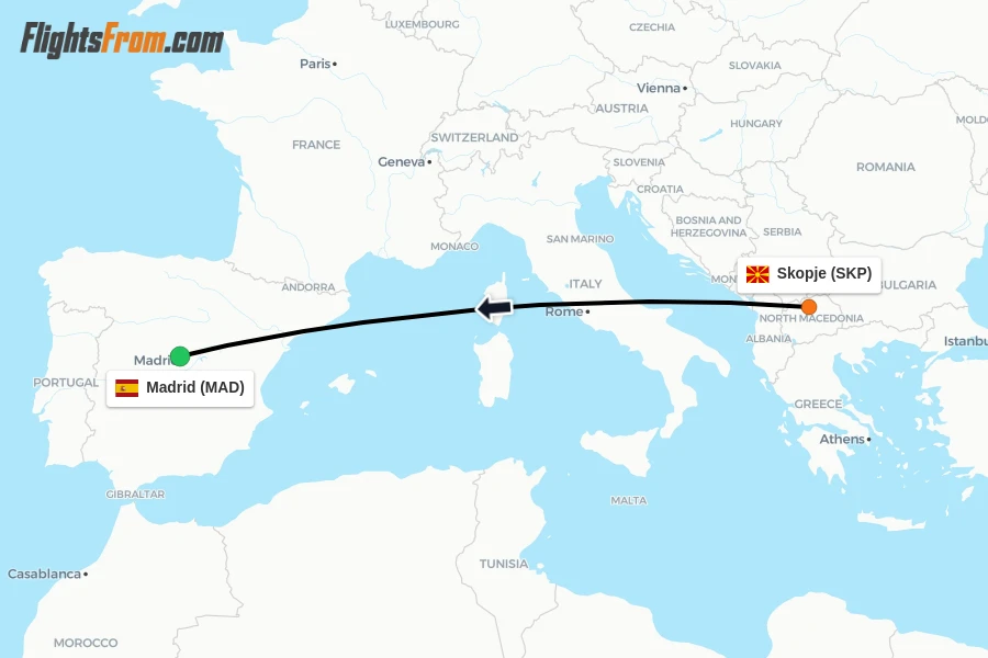 Flights from Skopje to Madrid route map