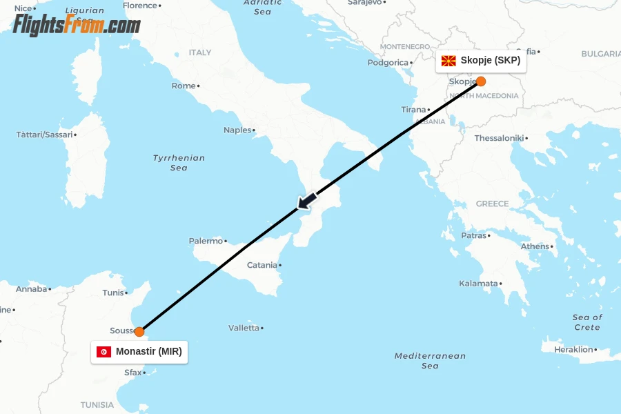 Flights from Skopje to Monastir route map