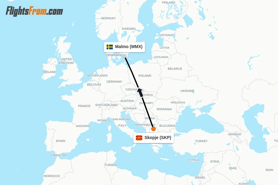Flights from Skopje to Malmo route map