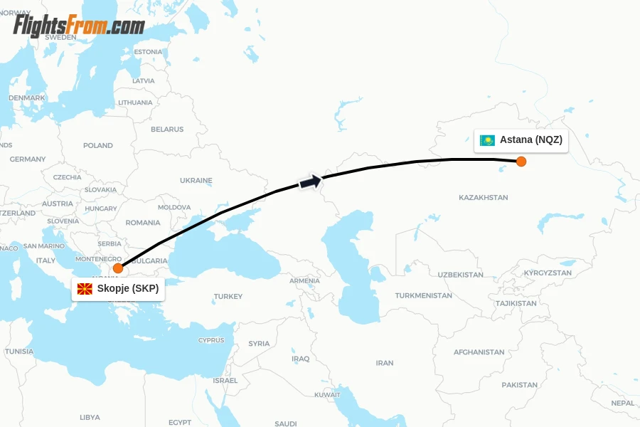 Flights from Skopje to Astana route map