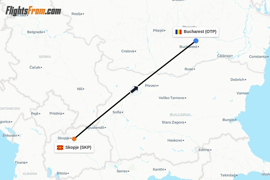 Flights from Skopje to Bucharest route map