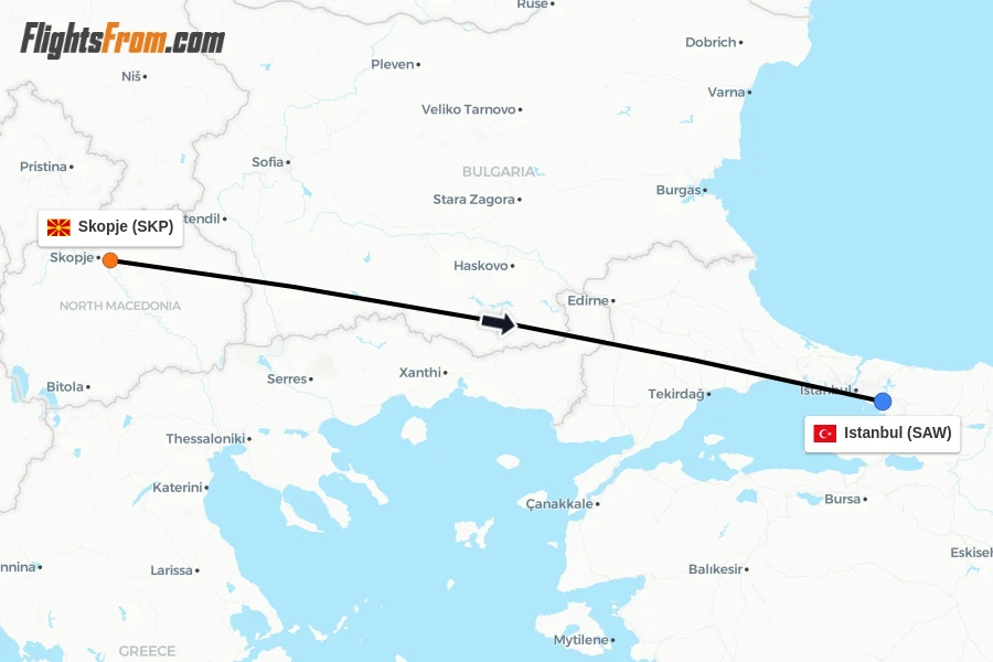 Flights from Skopje to Istanbul route map