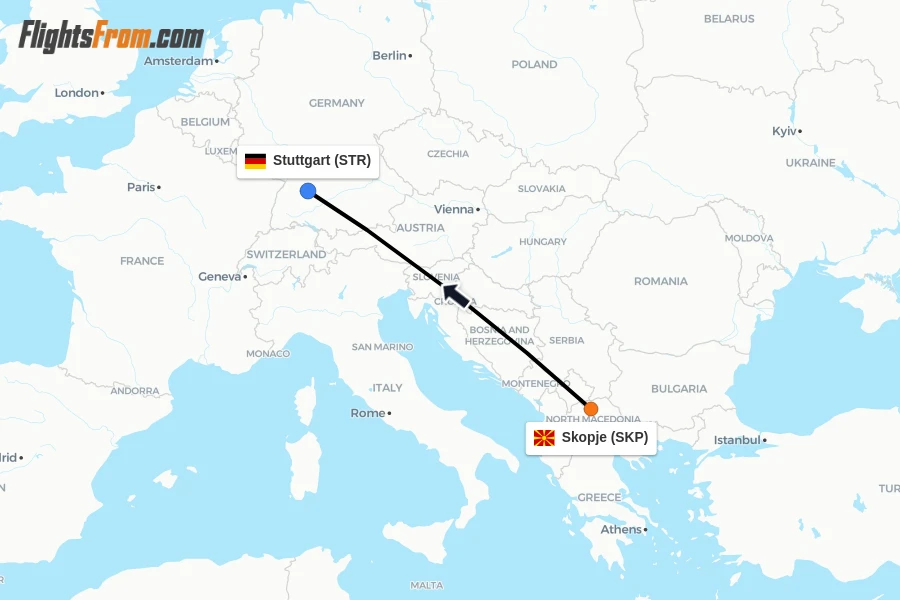 Flights from Skopje to Stuttgart route map
