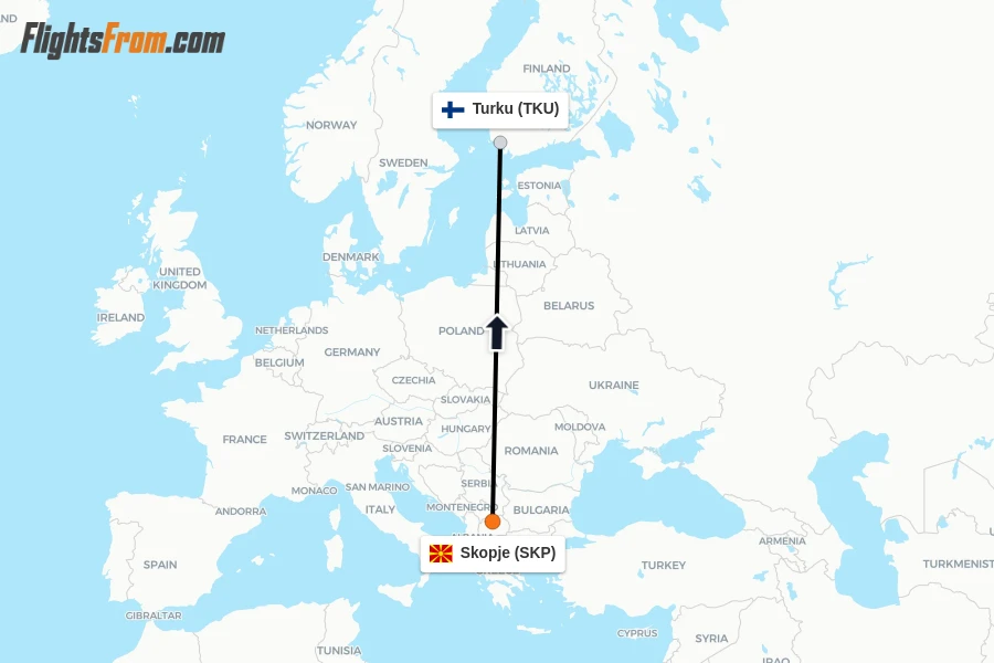 Flights from Skopje to Turku route map