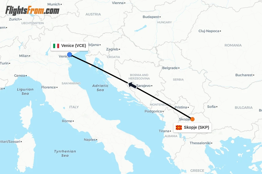 Flights from Skopje to Venice route map
