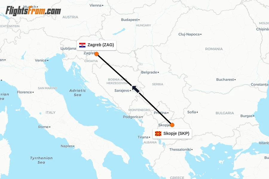 Flights from Skopje to Zagreb route map