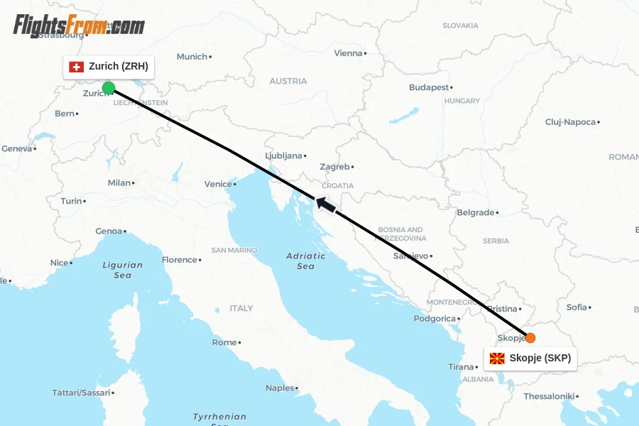 Flights from Skopje to Zurich route map