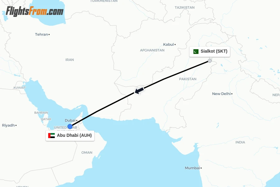 Flights from Sialkot to Abu Dhabi route map