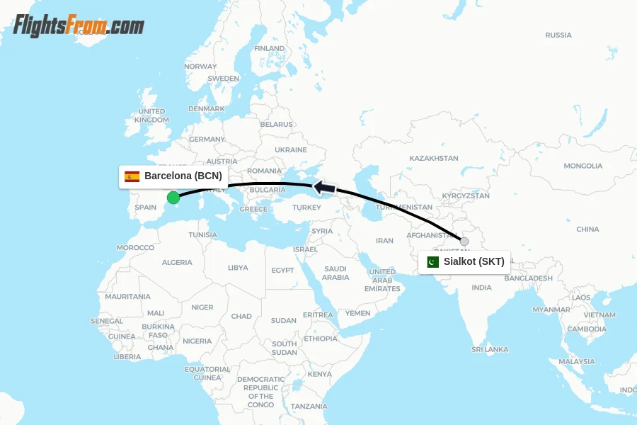 Flights from Sialkot to Barcelona route map