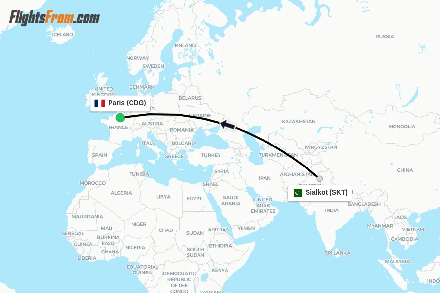 Flights from Sialkot to Paris route map