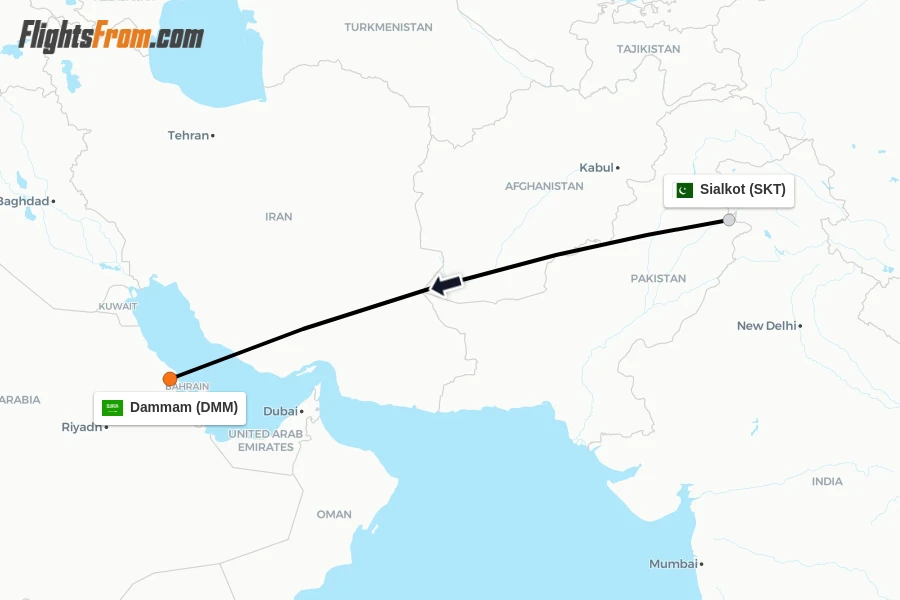 Flights from Sialkot to Dammam route map