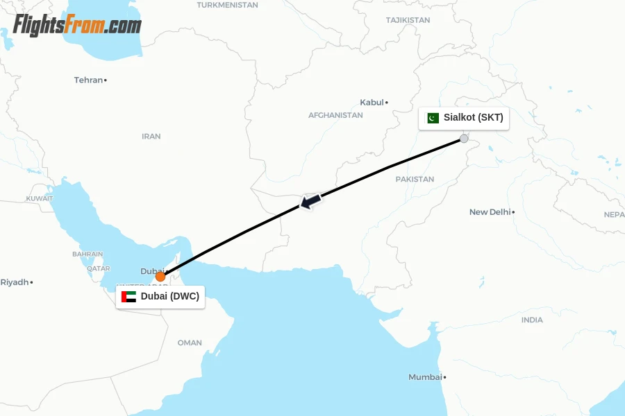 Flights from Sialkot to Dubai route map
