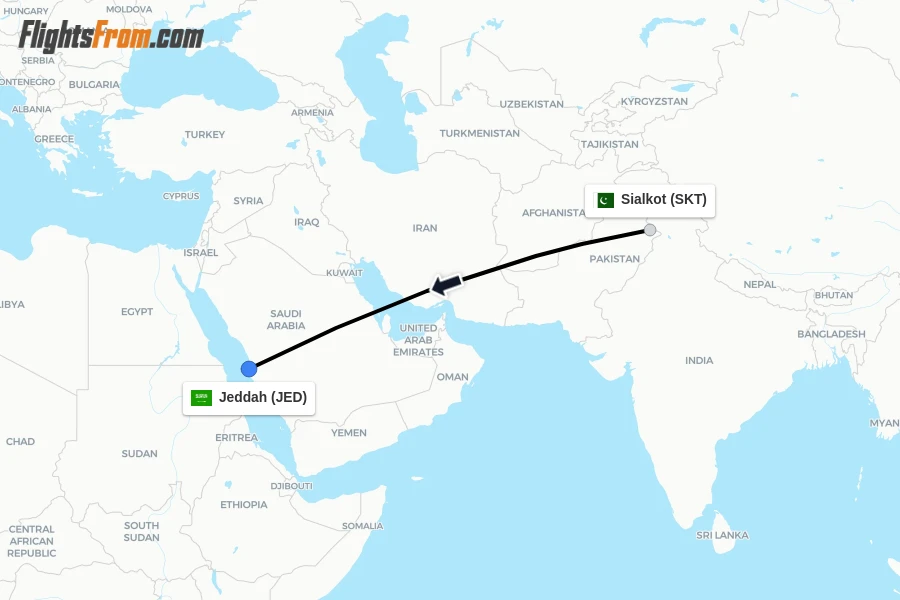 Flights from Sialkot to Jeddah route map
