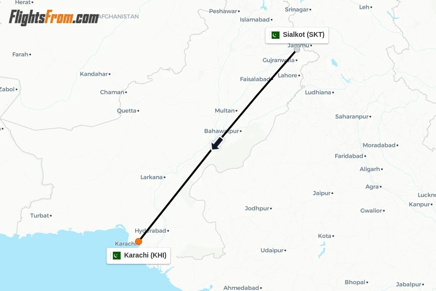 Flights from Sialkot to Karachi route map