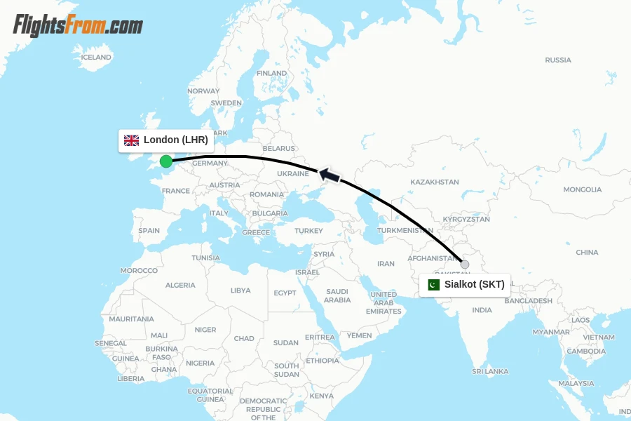 Flights from Sialkot to London route map