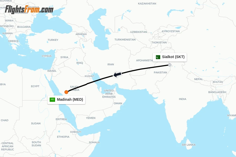 Flights from Sialkot to Madinah route map