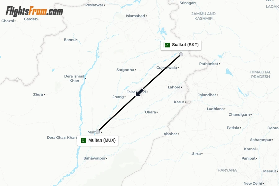 Flights from Sialkot to Multan route map