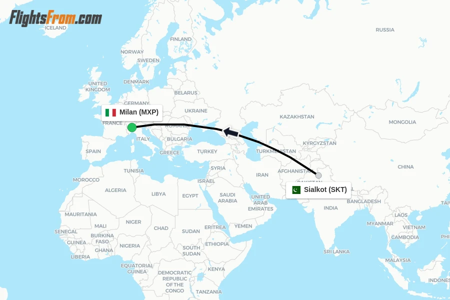 Flights from Sialkot to Milan route map