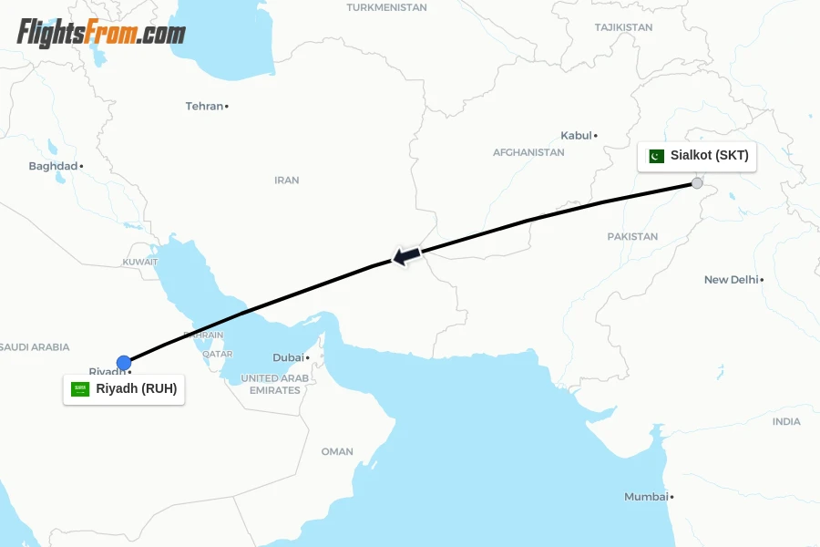 Flights from Sialkot to Riyadh route map