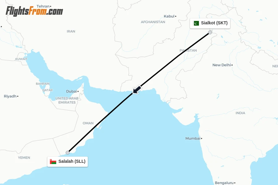 Flights from Sialkot to Salalah route map