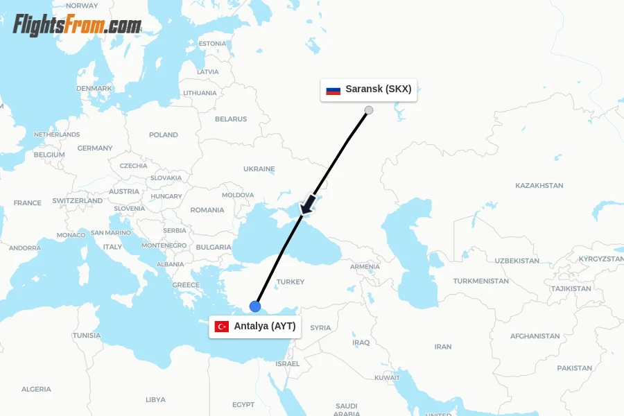 Flights from Saransk to Antalya route map