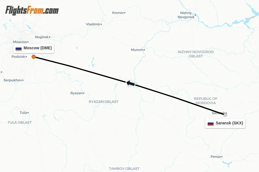 Flights from Saransk to Moscow route map