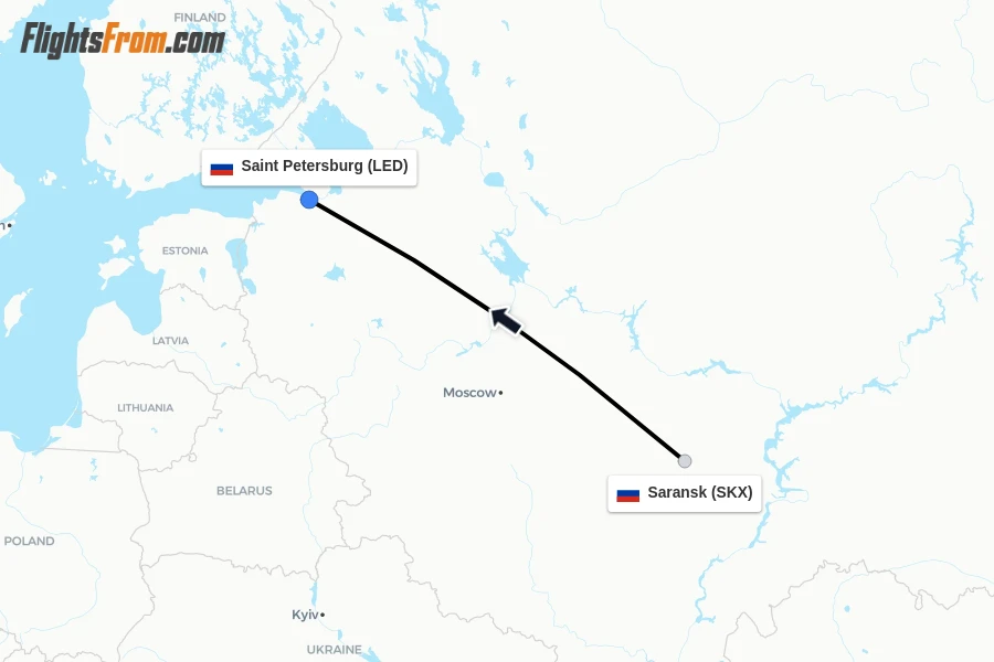 Flights from Saransk to Saint Petersburg route map