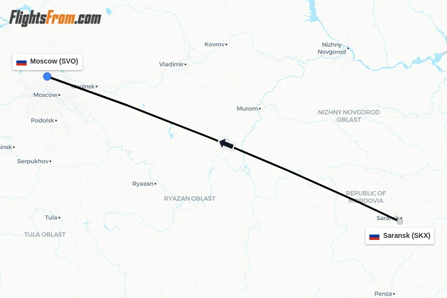 Flights from Saransk to Moscow route map
