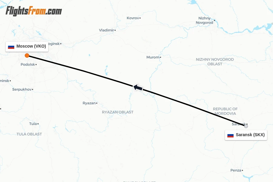 Flights from Saransk to Moscow route map