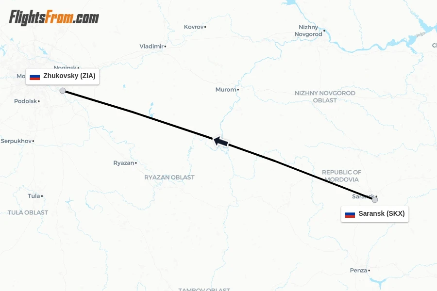 Flights from Saransk to Zhukovsky route map