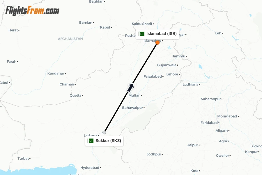 Flights from Sukkur to Islamabad route map