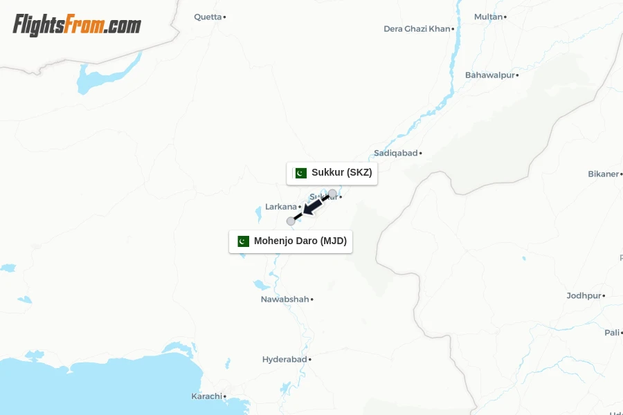 Flights from Sukkur to Mohenjo Daro route map